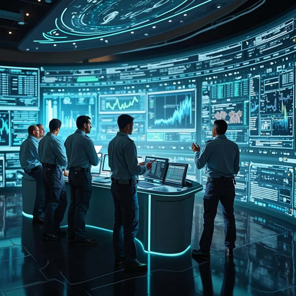 Equipo de ingenieros analizando datos en un centro de control futurista.