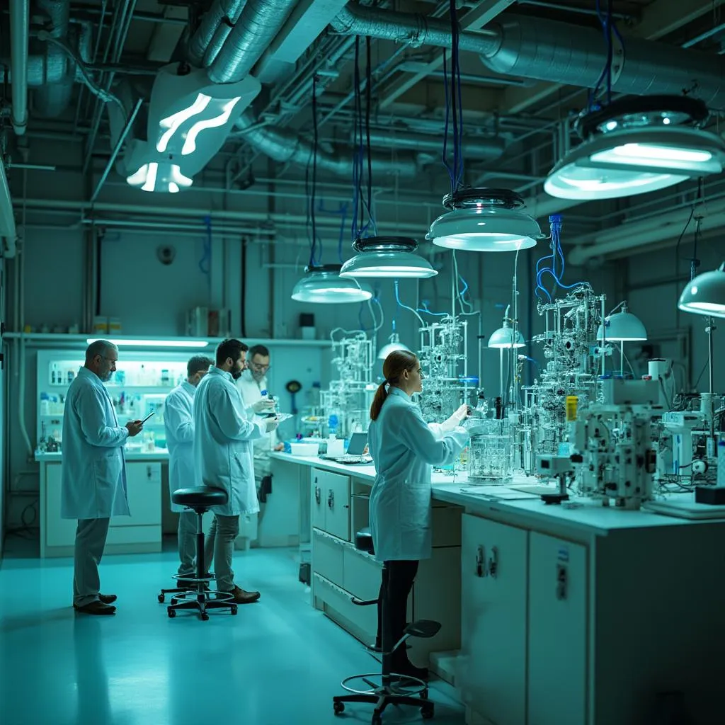 Investigadores trabajando en laboratorio de combustibles alternativos.