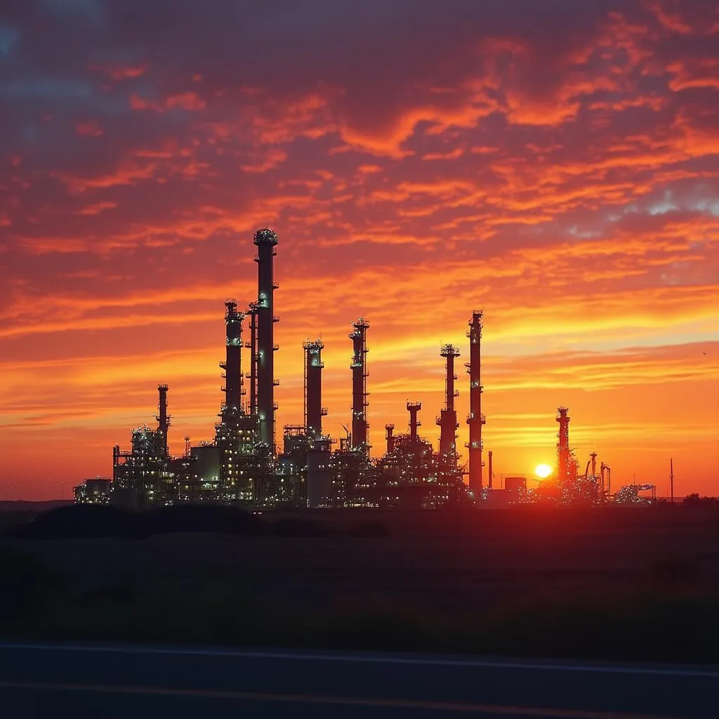 Refinería moderna al atardecer en Argentina